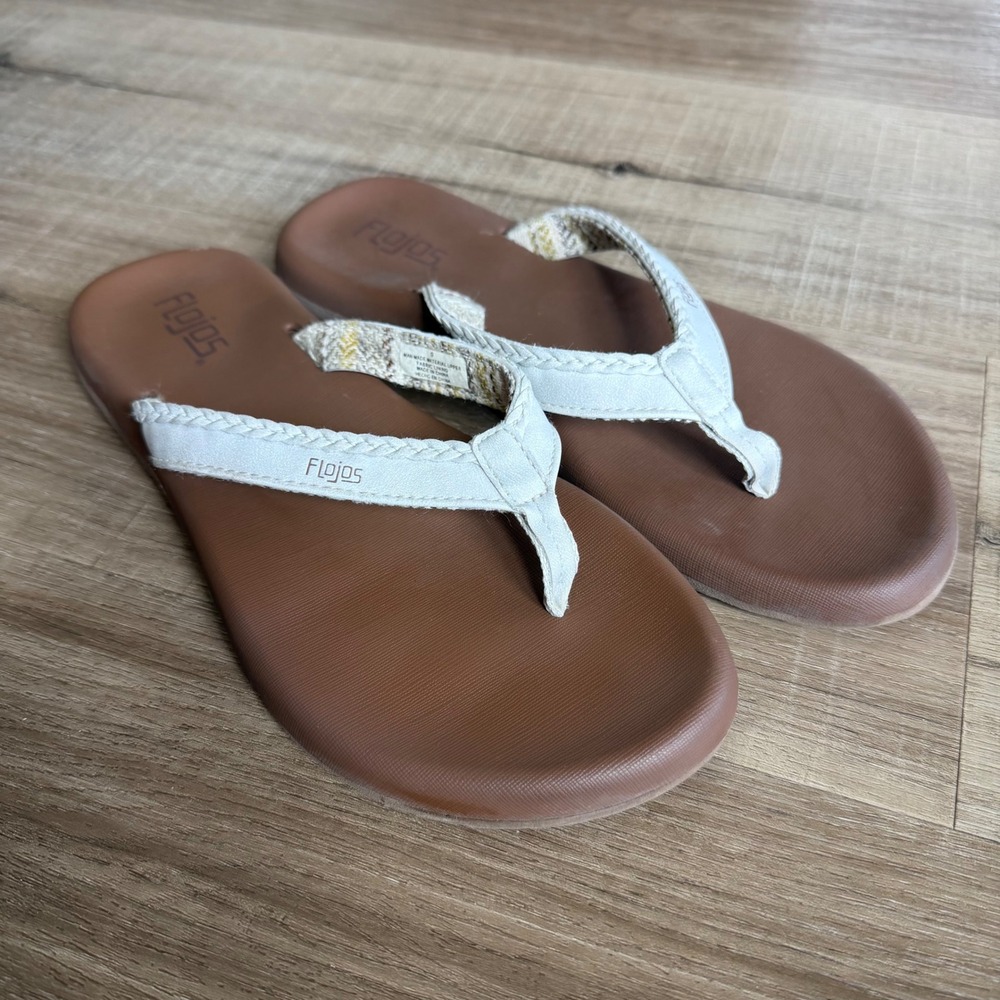 Flojos Womens Braided Thong Flip Flop Sandals White Brown Size 9